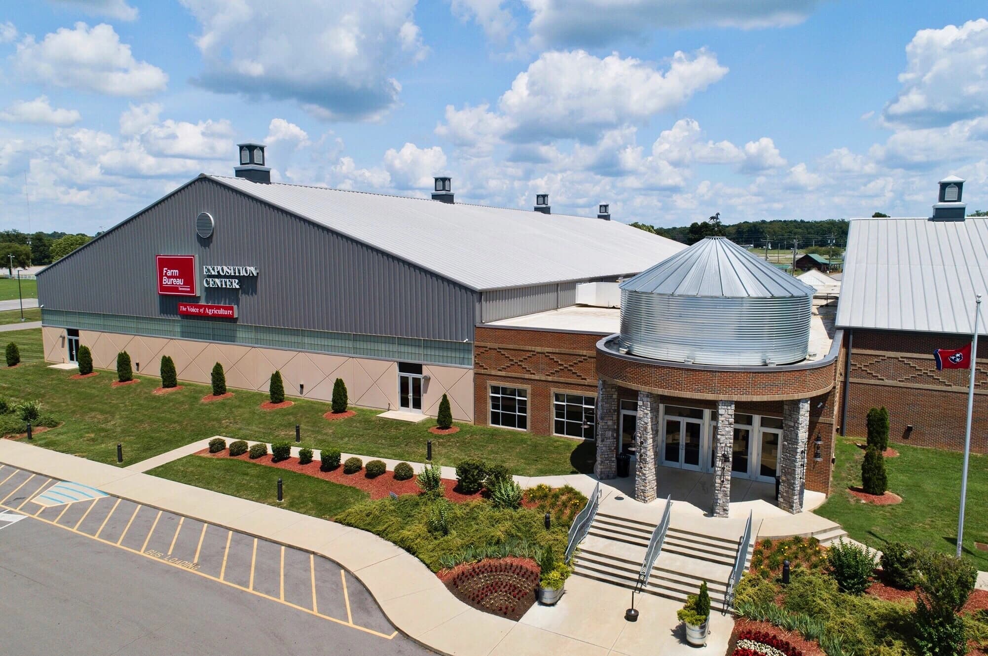The Farm Bureau Exposition Center entrance and main hall from the air