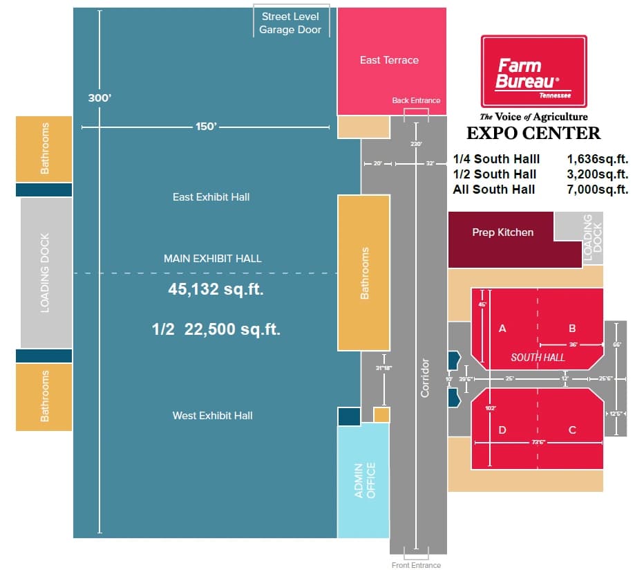 Floor plan: the 45,132 sq ft Main Exhibit Hall, South Hall and East Terrace